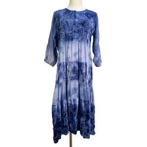 Vintage Velvet Midi Tiered Dress Blue Tie Dye Whimsical